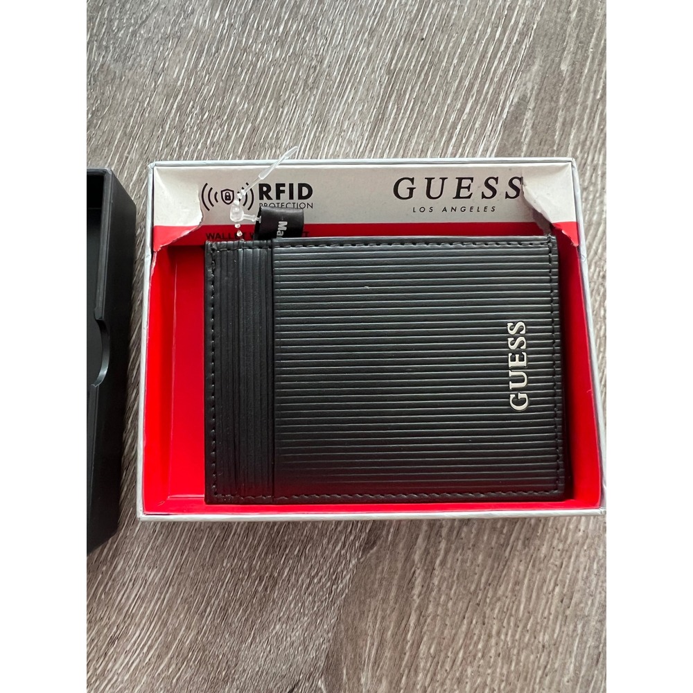 Guess Wallet Men NS Black New RFID Blocking Ribbed Slim Card Case 31GO160016